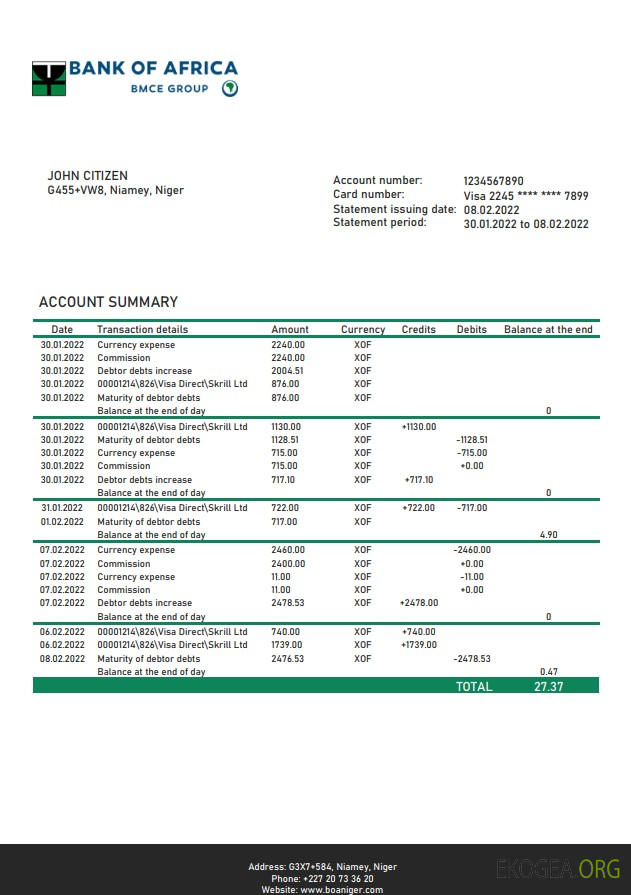 Relevé bancaire de la Niger Bank of Africa template
